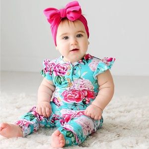 Posh Peanut Bamboo Ruffled Capsleeve Henley Romper -  Eloise Floral/Dragonfly